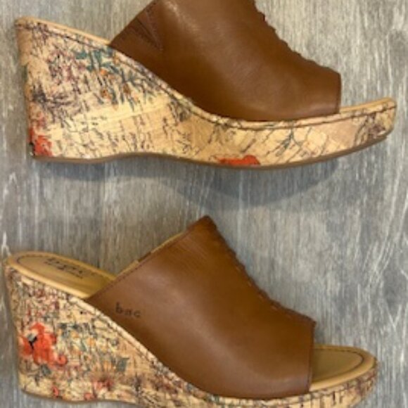 Børn - Vintage Tan/Brown Leather Wedge Sandals Cork Heel  - Size 9 NWOT - Picture 2 of 5